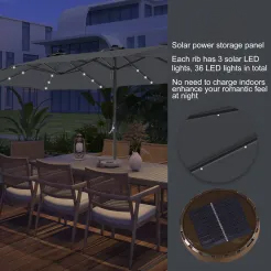 15ft Patio Steel Rectangular Double-Sided Market Umbrella With Base, Classic Design or Solar LED Lights Options,UV Sun Protection & Easy Crank for Deck Pool Patio.