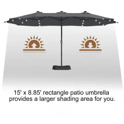 15ft Patio Steel Rectangular Double-Sided Market Umbrella With Base, Classic Design or Solar LED Lights Options,UV Sun Protection & Easy Crank for Deck Pool Patio.