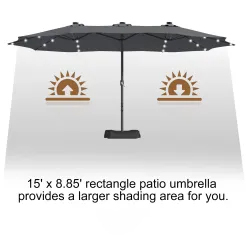 15ft Patio Steel Rectangular Double-Sided Market Umbrella With Base, Classic Design or Solar LED Lights Options,UV Sun Protection & Easy Crank for Deck Pool Patio.