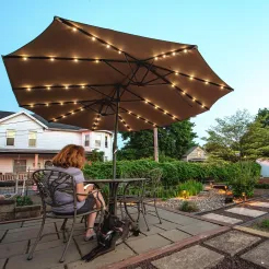 15ft Patio Steel Rectangular Double-Sided Market Umbrella With Base, Classic Design or Solar LED Lights Options,UV Sun Protection & Easy Crank for Deck Pool Patio.