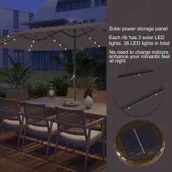 15ft Patio Steel Rectangular Double-Sided Market Umbrella With Base, Classic Design or Solar LED Lights Options,UV Sun Protection & Easy Crank for Deck Pool Patio.