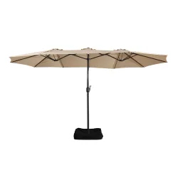 15ft Patio Steel Rectangular Double-Sided Market Umbrella With Base, Classic Design or Solar LED Lights Options,UV Sun Protection & Easy Crank for Deck Pool Patio.