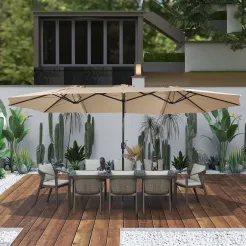 15ft Patio Steel Rectangular Double-Sided Market Umbrella With Base, Classic Design or Solar LED Lights Options,UV Sun Protection & Easy Crank for Deck Pool Patio.