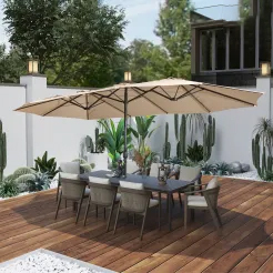15ft Patio Steel Rectangular Double-Sided Market Umbrella With Base, Classic Design or Solar LED Lights Options,UV Sun Protection & Easy Crank for Deck Pool Patio.