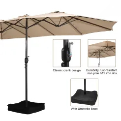 15ft Patio Steel Rectangular Double-Sided Market Umbrella With Base, Classic Design or Solar LED Lights Options,UV Sun Protection & Easy Crank for Deck Pool Patio.