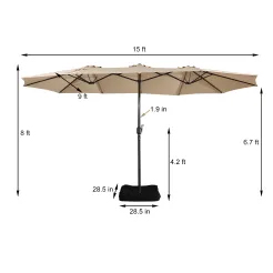 15ft Patio Steel Rectangular Double-Sided Market Umbrella With Base, Classic Design or Solar LED Lights Options,UV Sun Protection & Easy Crank for Deck Pool Patio.