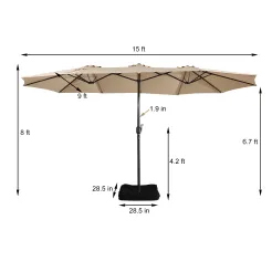 15ft Patio Steel Rectangular Double-Sided Market Umbrella With Base, Classic Design or Solar LED Lights Options,UV Sun Protection & Easy Crank for Deck Pool Patio.