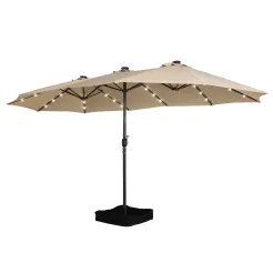 15ft Patio Steel Rectangular Double-Sided Market Umbrella With Base, Classic Design or Solar LED Lights Options,UV Sun Protection & Easy Crank for Deck Pool Patio.
