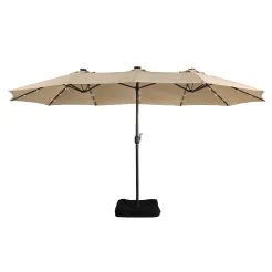 15ft Patio Steel Rectangular Double-Sided Market Umbrella With Base, Classic Design or Solar LED Lights Options,UV Sun Protection & Easy Crank for Deck Pool Patio.