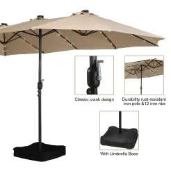 15ft Patio Steel Rectangular Double-Sided Market Umbrella With Base, Classic Design or Solar LED Lights Options,UV Sun Protection & Easy Crank for Deck Pool Patio.