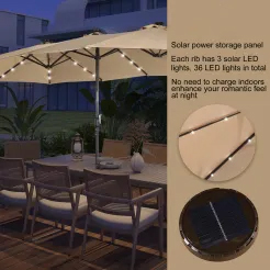 15ft Patio Steel Rectangular Double-Sided Market Umbrella With Base, Classic Design or Solar LED Lights Options,UV Sun Protection & Easy Crank for Deck Pool Patio.