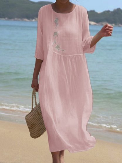 Floral Casual Cotton And Linen Dress