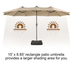 15ft Patio Steel Rectangular Double-Sided Market Umbrella With Base, Classic Design or Solar LED Lights Options,UV Sun Protection & Easy Crank for Deck Pool Patio.