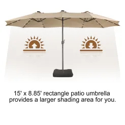 15ft Patio Steel Rectangular Double-Sided Market Umbrella With Base, Classic Design or Solar LED Lights Options,UV Sun Protection & Easy Crank for Deck Pool Patio.