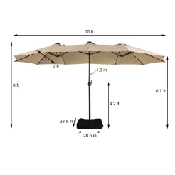 15ft Patio Steel Rectangular Double-Sided Market Umbrella With Base, Classic Design or Solar LED Lights Options,UV Sun Protection & Easy Crank for Deck Pool Patio.