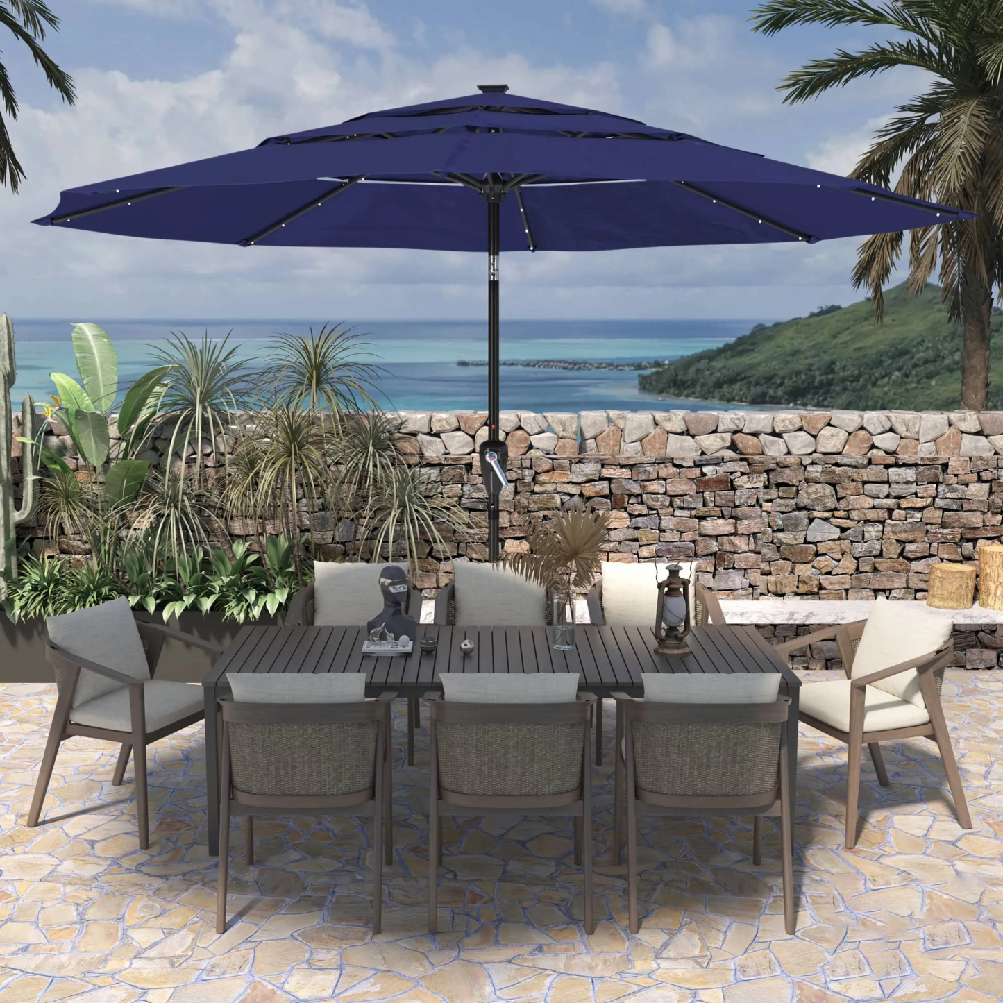 11 FT 3-Layer Aluminum Market Solar Tilt Patio Umbrella with 32-LED Light (without Base)