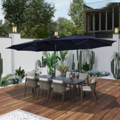 15ft Patio Steel Rectangular Double-Sided Market Umbrella With Base, Classic Design or Solar LED Lights Options,UV Sun Protection & Easy Crank for Deck Pool Patio.