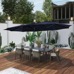 15ft Patio Steel Rectangular Double-Sided Market Umbrella With Base, Classic Design or Solar LED Lights Options,UV Sun Protection & Easy Crank for Deck Pool Patio.