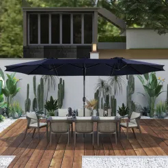 15ft Patio Steel Rectangular Double-Sided Market Umbrella With Base, Classic Design or Solar LED Lights Options,UV Sun Protection & Easy Crank for Deck Pool Patio.