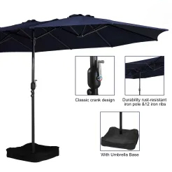 15ft Patio Steel Rectangular Double-Sided Market Umbrella With Base, Classic Design or Solar LED Lights Options,UV Sun Protection & Easy Crank for Deck Pool Patio.