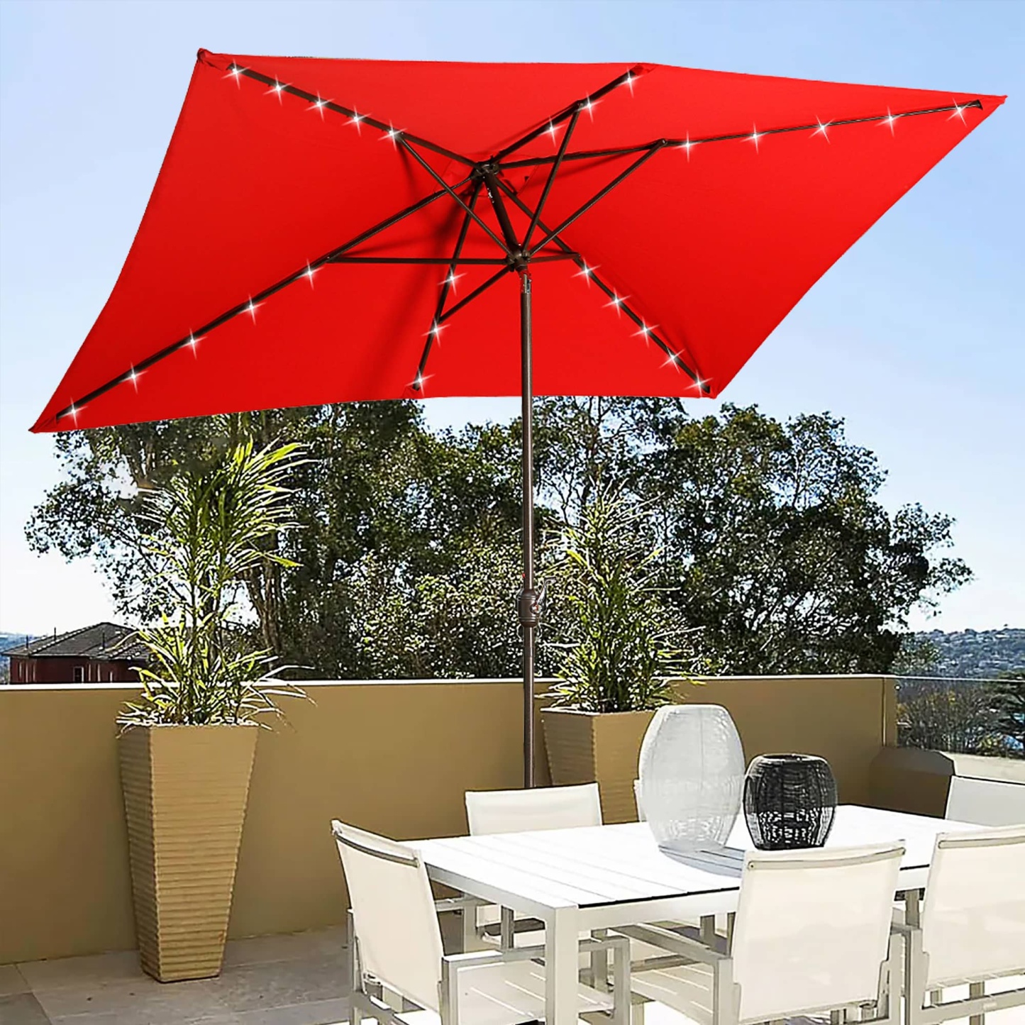 10Ft Outdoor Rectangular Umbrella with 26 Solar-Powered LED Lights, Crank and Tilt (Without Base)