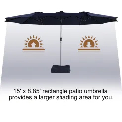 15ft Patio Steel Rectangular Double-Sided Market Umbrella With Base, Classic Design or Solar LED Lights Options,UV Sun Protection & Easy Crank for Deck Pool Patio.