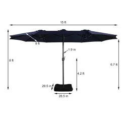 15ft Patio Steel Rectangular Double-Sided Market Umbrella With Base, Classic Design or Solar LED Lights Options,UV Sun Protection & Easy Crank for Deck Pool Patio.