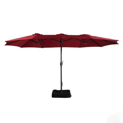 15ft Patio Steel Rectangular Double-Sided Market Umbrella With Base, Classic Design or Solar LED Lights Options,UV Sun Protection & Easy Crank for Deck Pool Patio.