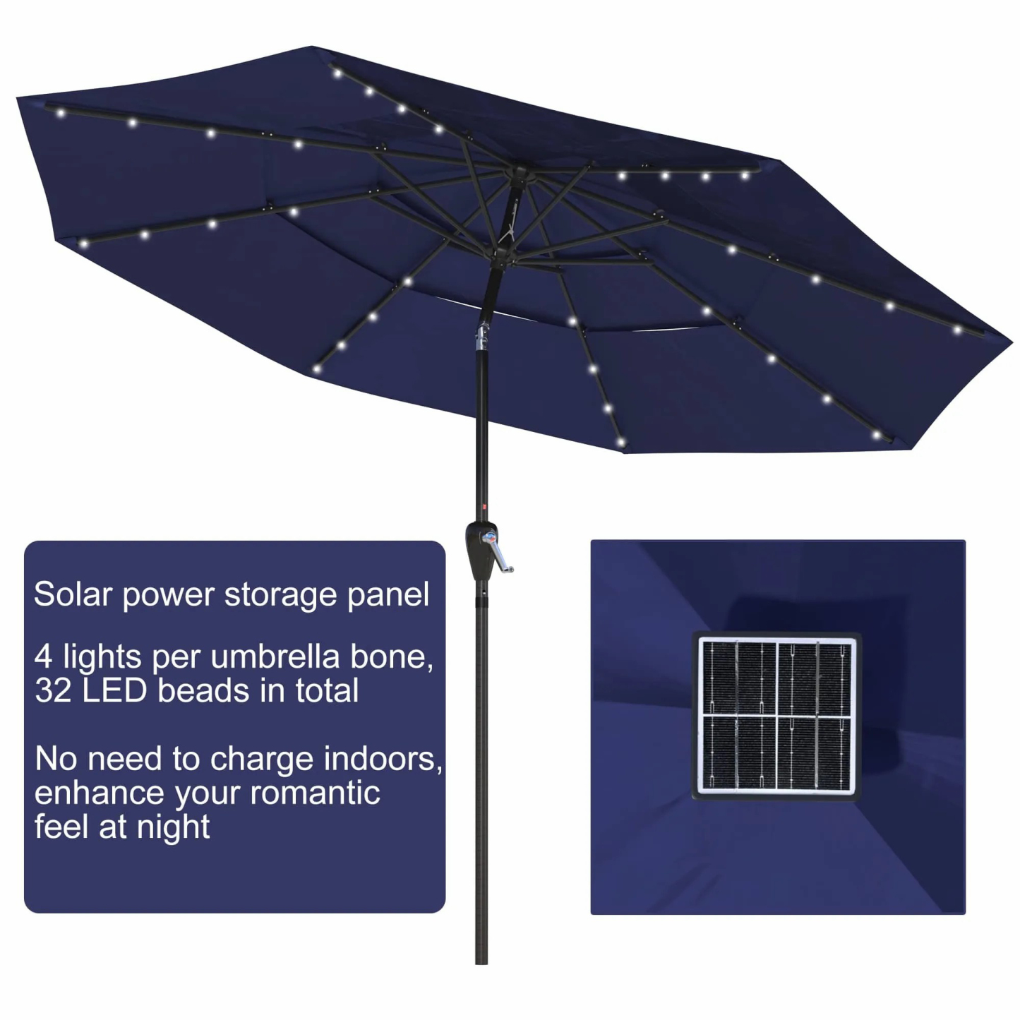 11 FT 3-Layer Aluminum Market Solar Tilt Patio Umbrella with 32-LED Light (without Base)