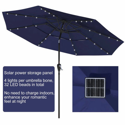 11 FT 3-Layer Aluminum Market Solar Tilt Patio Umbrella with 32-LED Light (without Base)