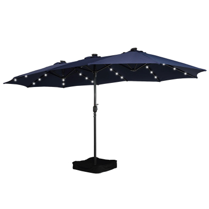 15ft Patio Steel Rectangular Double-Sided Market Umbrella With Base, Classic Design or Solar LED Lights Options,UV Sun Protection & Easy Crank for Deck Pool Patio.