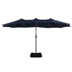 15ft Patio Steel Rectangular Double-Sided Market Umbrella With Base, Classic Design or Solar LED Lights Options,UV Sun Protection & Easy Crank for Deck Pool Patio.