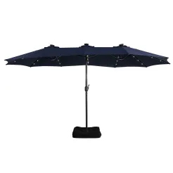 15ft Patio Steel Rectangular Double-Sided Market Umbrella With Base, Classic Design or Solar LED Lights Options,UV Sun Protection & Easy Crank for Deck Pool Patio.