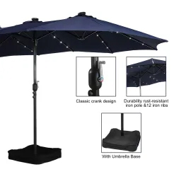 15ft Patio Steel Rectangular Double-Sided Market Umbrella With Base, Classic Design or Solar LED Lights Options,UV Sun Protection & Easy Crank for Deck Pool Patio.