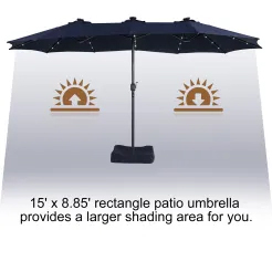 15ft Patio Steel Rectangular Double-Sided Market Umbrella With Base, Classic Design or Solar LED Lights Options,UV Sun Protection & Easy Crank for Deck Pool Patio.