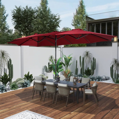 15ft Patio Steel Rectangular Double-Sided Market Umbrella With Base, Classic Design or Solar LED Lights Options,UV Sun Protection & Easy Crank for Deck Pool Patio.
