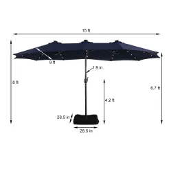 15ft Patio Steel Rectangular Double-Sided Market Umbrella With Base, Classic Design or Solar LED Lights Options,UV Sun Protection & Easy Crank for Deck Pool Patio.
