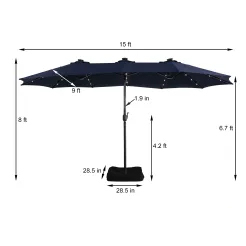 15ft Patio Steel Rectangular Double-Sided Market Umbrella With Base, Classic Design or Solar LED Lights Options,UV Sun Protection & Easy Crank for Deck Pool Patio.