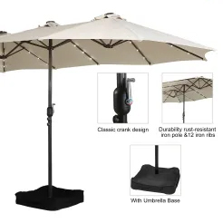 15ft Patio Steel Rectangular Double-Sided Market Umbrella With Base, Classic Design or Solar LED Lights Options,UV Sun Protection & Easy Crank for Deck Pool Patio.