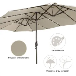 15ft Patio Steel Rectangular Double-Sided Market Umbrella With Base, Classic Design or Solar LED Lights Options,UV Sun Protection & Easy Crank for Deck Pool Patio.