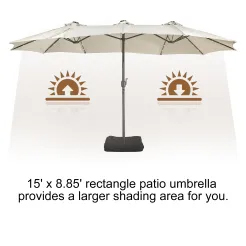 15ft Patio Steel Rectangular Double-Sided Market Umbrella With Base, Classic Design or Solar LED Lights Options,UV Sun Protection & Easy Crank for Deck Pool Patio.