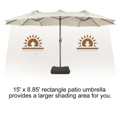 15ft Patio Steel Rectangular Double-Sided Market Umbrella With Base, Classic Design or Solar LED Lights Options,UV Sun Protection & Easy Crank for Deck Pool Patio.