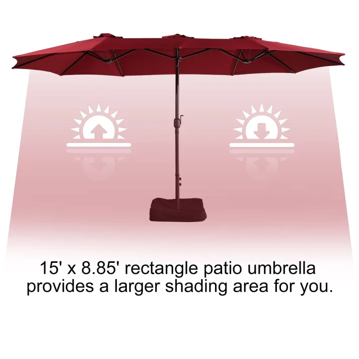 15ft Patio Steel Rectangular Double-Sided Market Umbrella With Base, Classic Design or Solar LED Lights Options,UV Sun Protection & Easy Crank for Deck Pool Patio.
