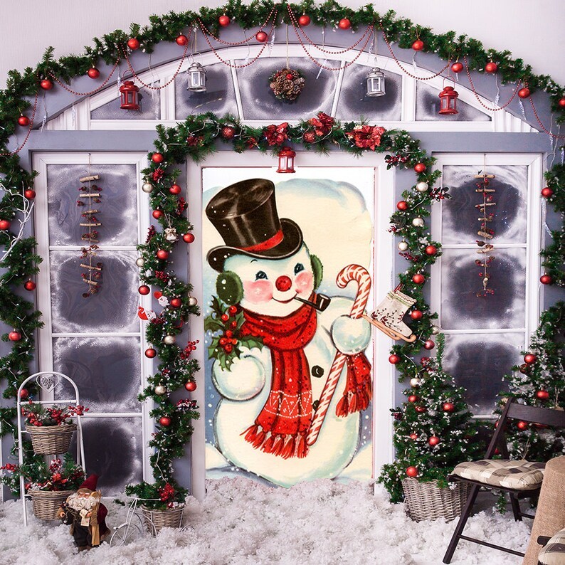 Old Fashioned Snowman Door Cover - Christmas Door Covers - Snowman Decorations - Front Door Decor - Holiday Door Covers