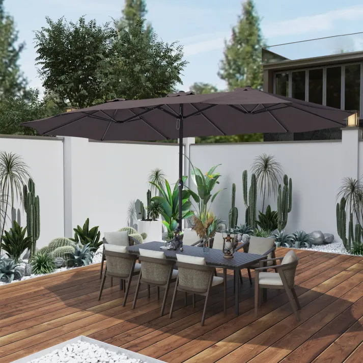 15ft Patio Steel Rectangular Double-Sided Market Umbrella With Base, Classic Design or Solar LED Lights Options,UV Sun Protection & Easy Crank for Deck Pool Patio.