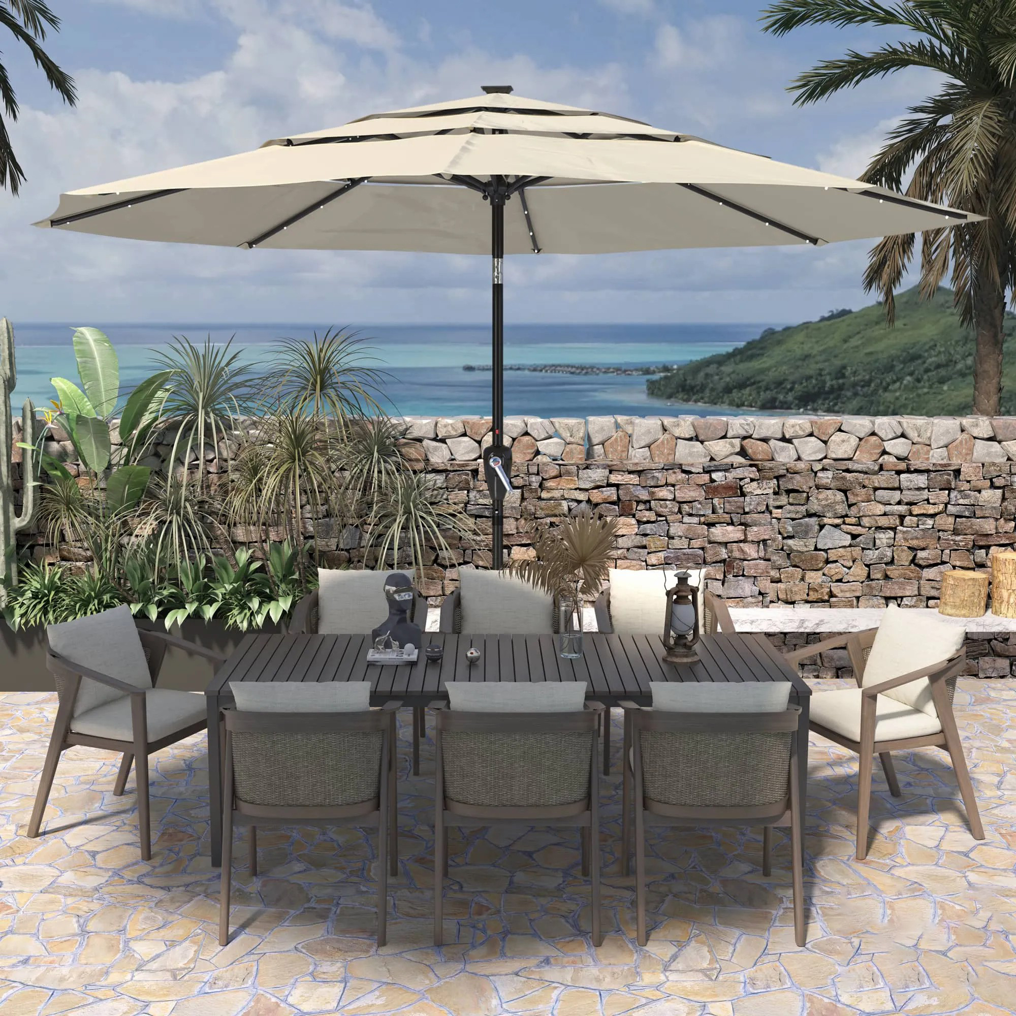 11 FT 3-Layer Aluminum Market Solar Tilt Patio Umbrella with 32-LED Light (without Base)