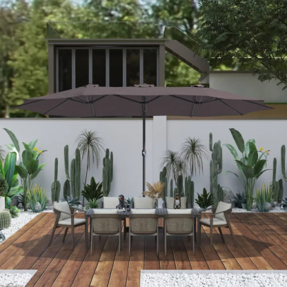 15ft Patio Steel Rectangular Double-Sided Market Umbrella With Base, Classic Design or Solar LED Lights Options,UV Sun Protection & Easy Crank for Deck Pool Patio.