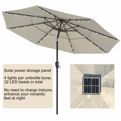 11 FT 3-Layer Aluminum Market Solar Tilt Patio Umbrella with 32-LED Light (without Base)