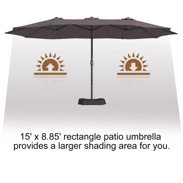 15ft Patio Steel Rectangular Double-Sided Market Umbrella With Base, Classic Design or Solar LED Lights Options,UV Sun Protection & Easy Crank for Deck Pool Patio.