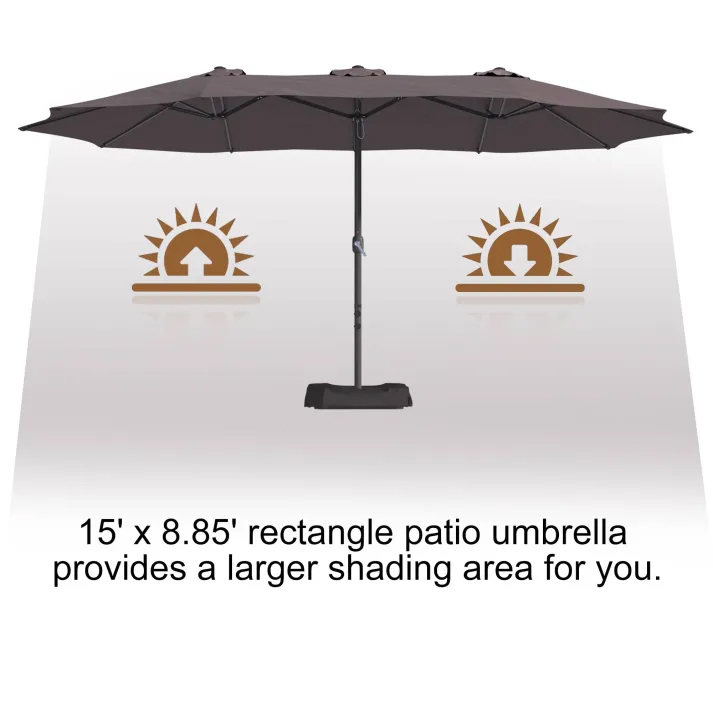 15ft Patio Steel Rectangular Double-Sided Market Umbrella With Base, Classic Design or Solar LED Lights Options,UV Sun Protection & Easy Crank for Deck Pool Patio.